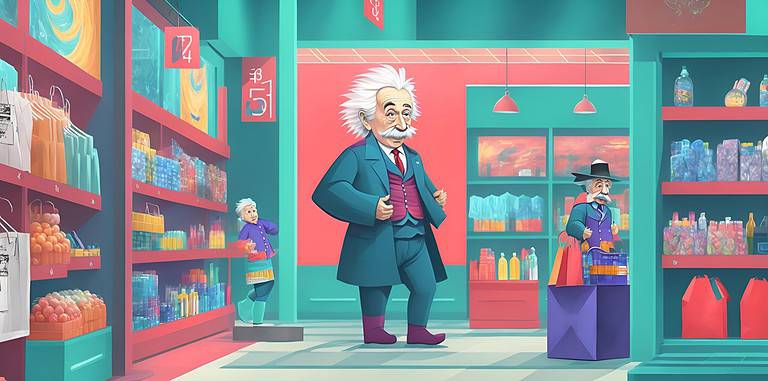 Archive 78 A drawing of Einstein standing in a store, wearing a green vest with a red tie and shoes. The store walls are painted red and green, with the shopping racks filled with clothes and perfume.