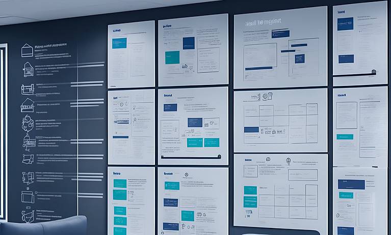 A room with many papers on the wall with flow charts and documentation