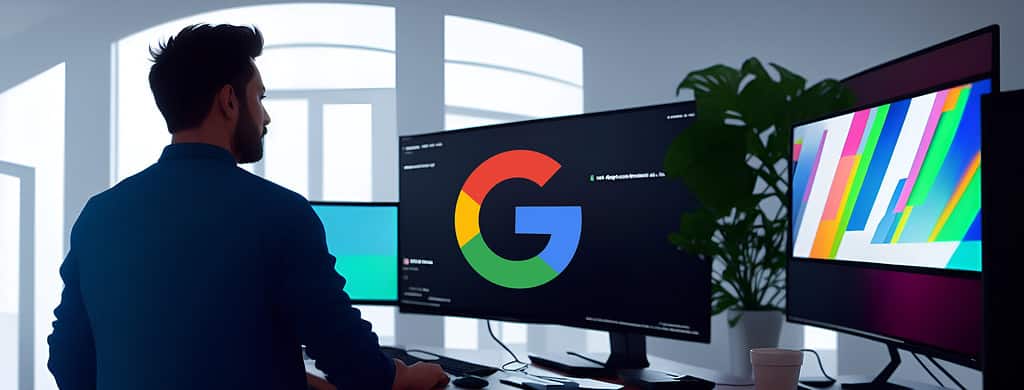 SEO Specialist looking at a screen with the Google Logo