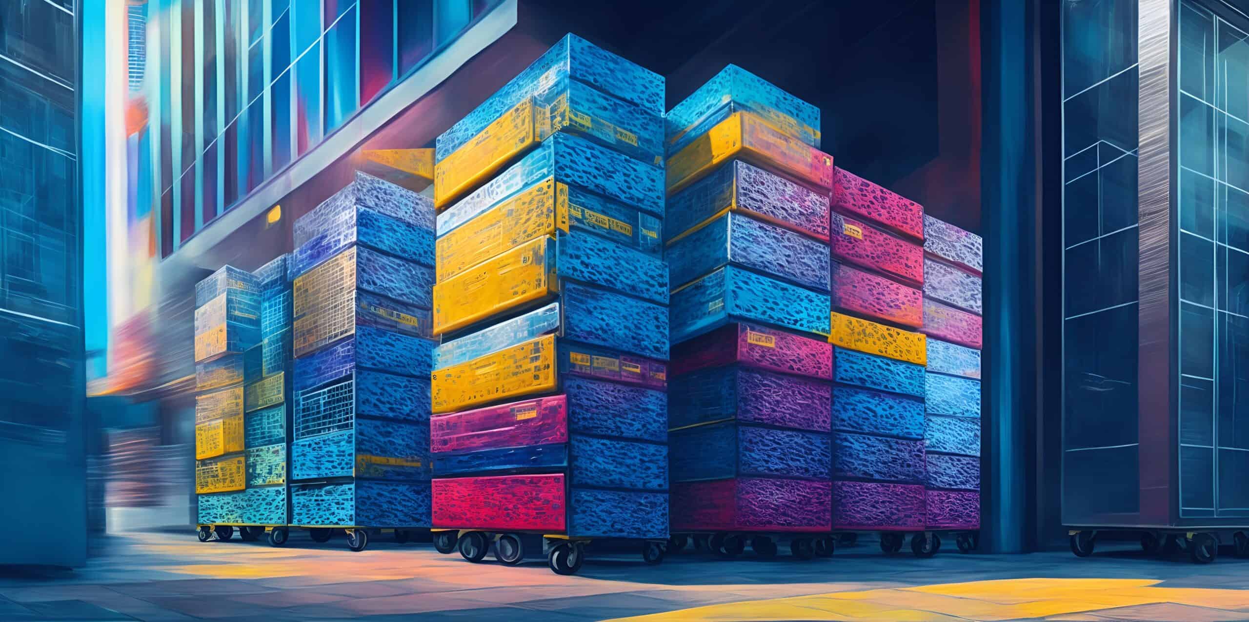 A painting of a large stack of boxes in many colours on wheels, moving through the narrow streets between skyscrapers.