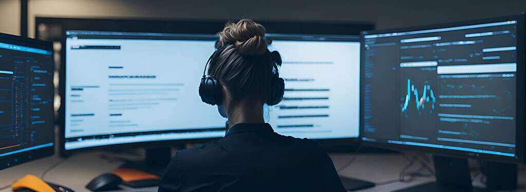 a woman wearing headphones sitting in front of two computer monitors.