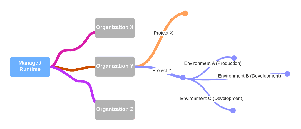 A mindmap displays the managed runtime with three organisations. One organisation is split up into two projects, each with three environments. One of those environments is marked as "production", while the rest is marked as "development".