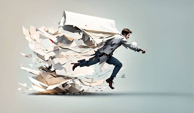 Archive 64 A sketch depicting a stack of papers transforming into a figure sprinting away.