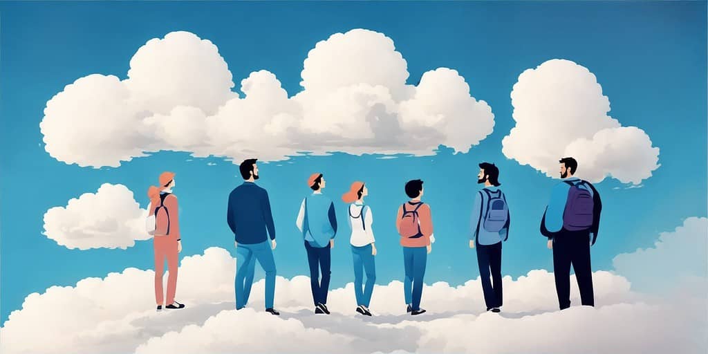 A group of architects is standing on a cloud, looking at more clouds with a blue sky.