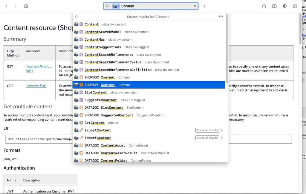 A screenshot of Dash showing the B2C Commerce Cloud API documentation.