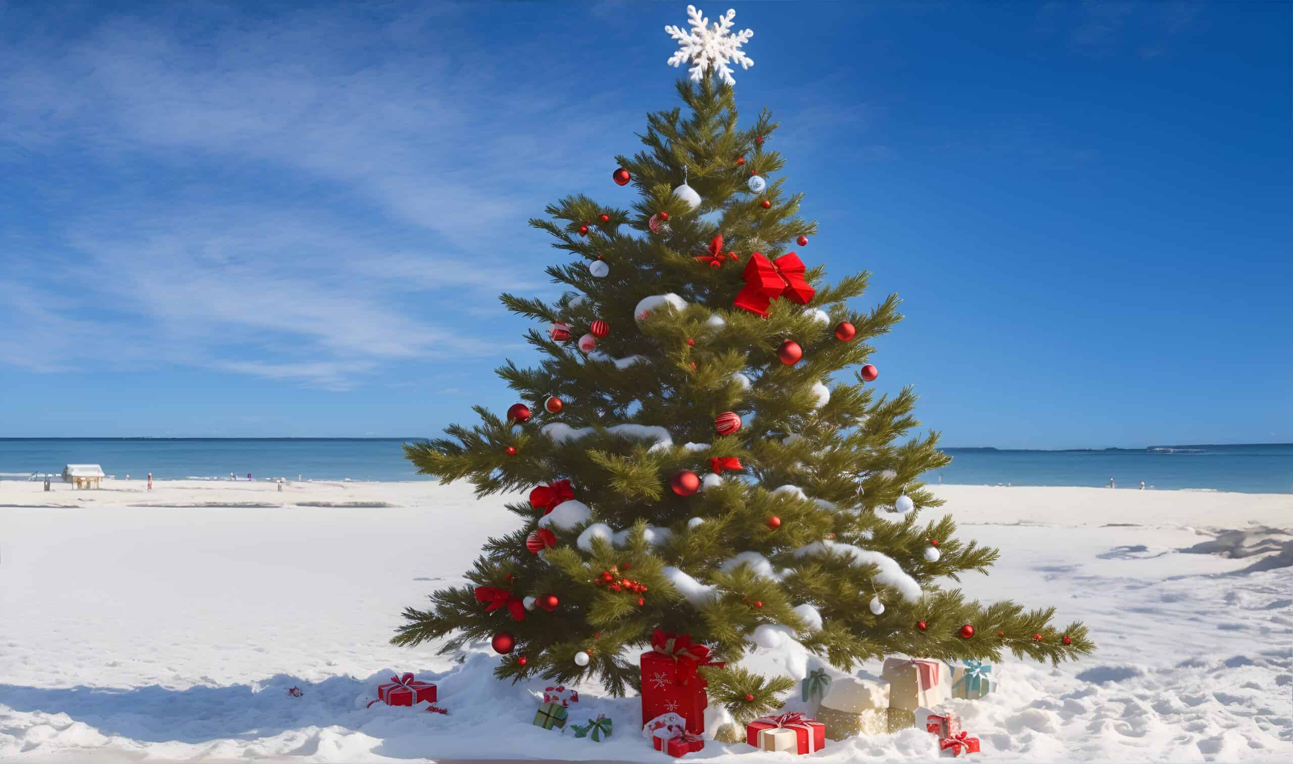 A Christmas tree at a beach in the summer.