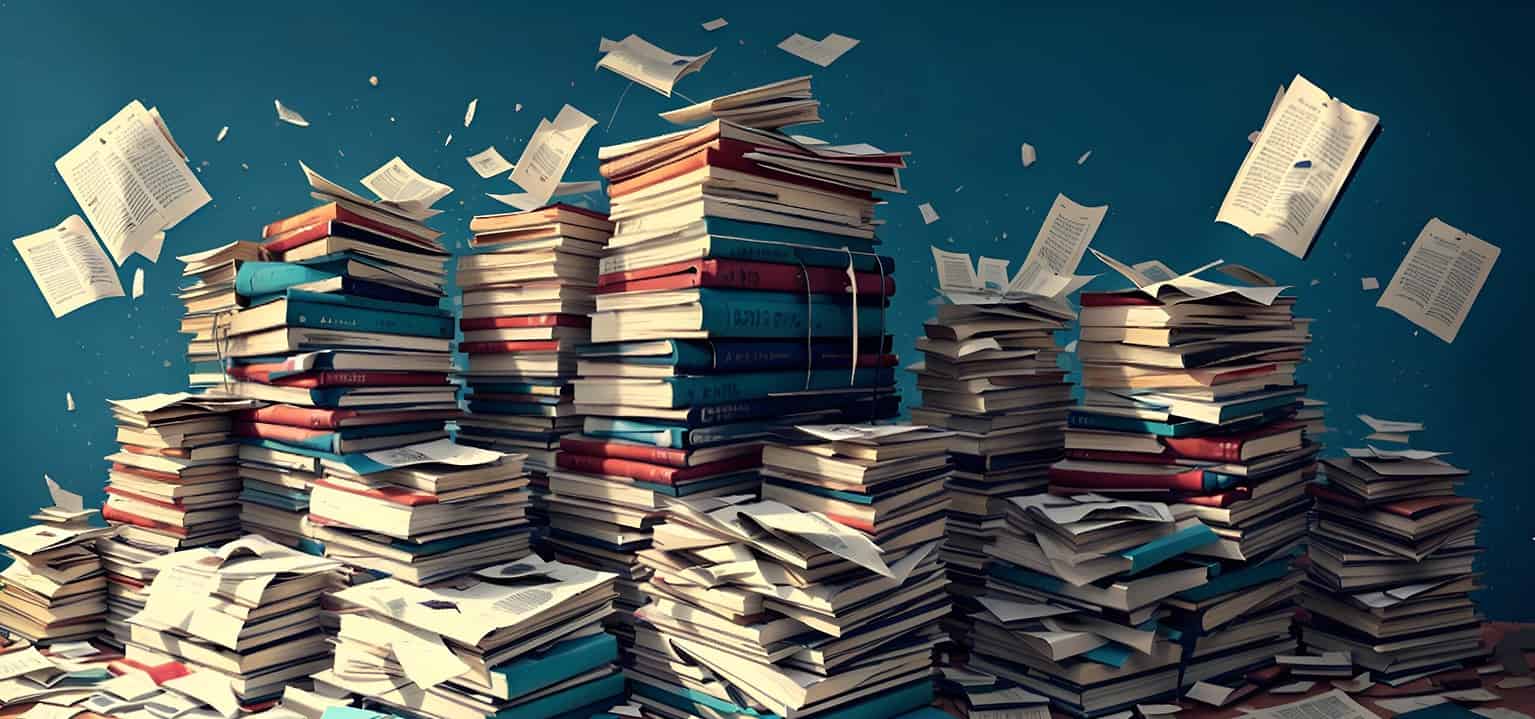 Books with documentation scattered on multiple piles, falling over.