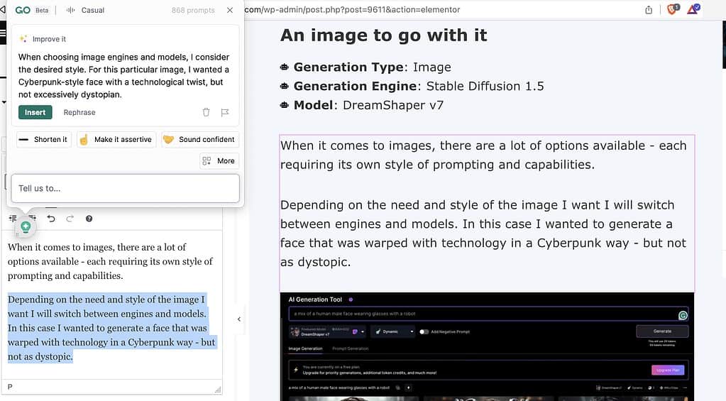 A screenshot of this blog post being assisted with the Grammarly AI tool.