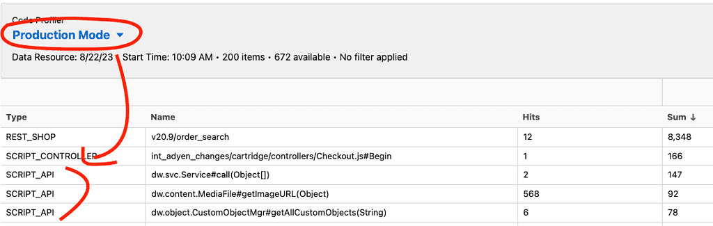 A screenshot of the code profiler prior to the 23.9 release.