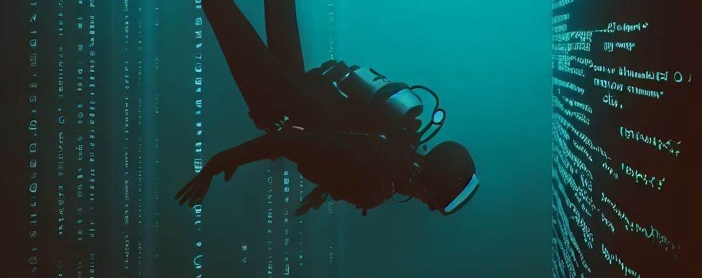 A diver looking at code below the water. The code is illegible, but represents diving into SFCC development.