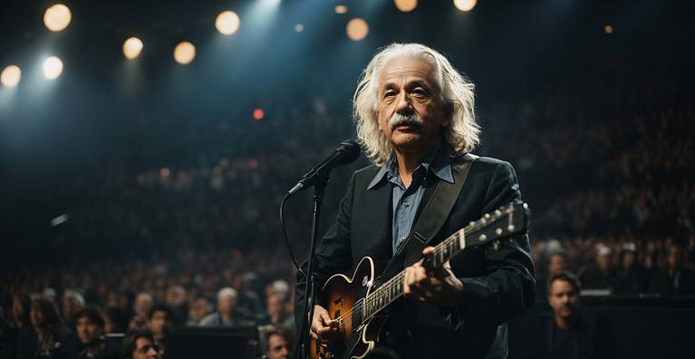 Archive 62 Einstein playing the guitar at Draemfest, Dreamforce 2023 in San Francisco. This image is AI generated