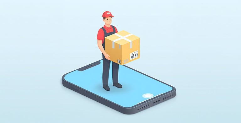 A postman with a package standing on a large phone.