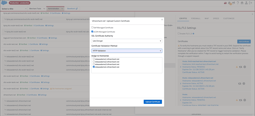 A screenshot of the new eCDN screen in the 23.10 release of Salesforce B2C Commerce Cloud