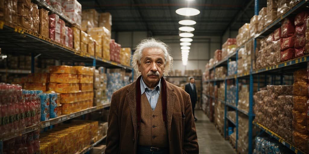 Einstein is standing in the middle of a warehouse lane, looking at the camera.