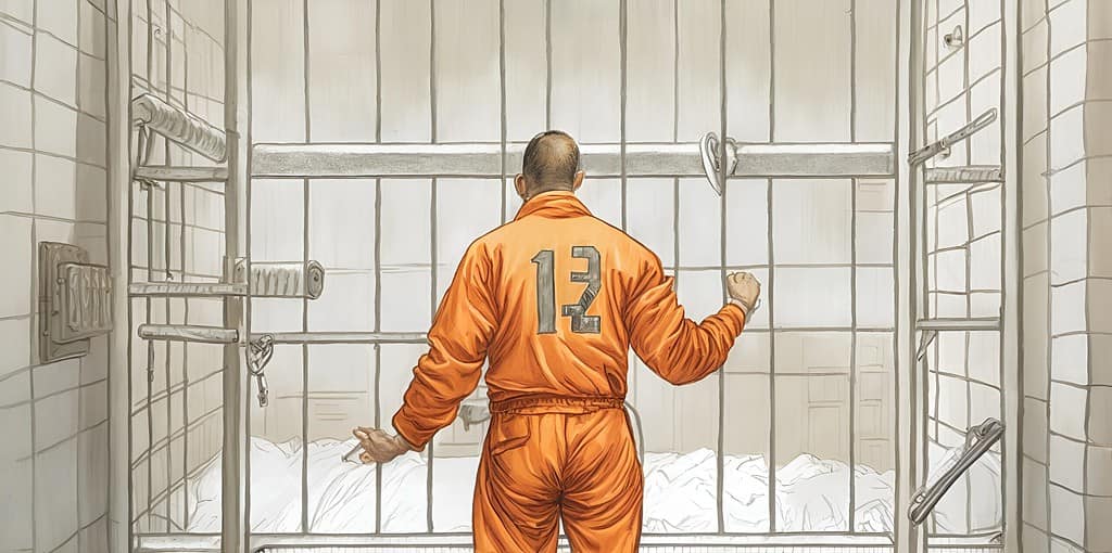 A drawing of a jail cell with a man in orange.
