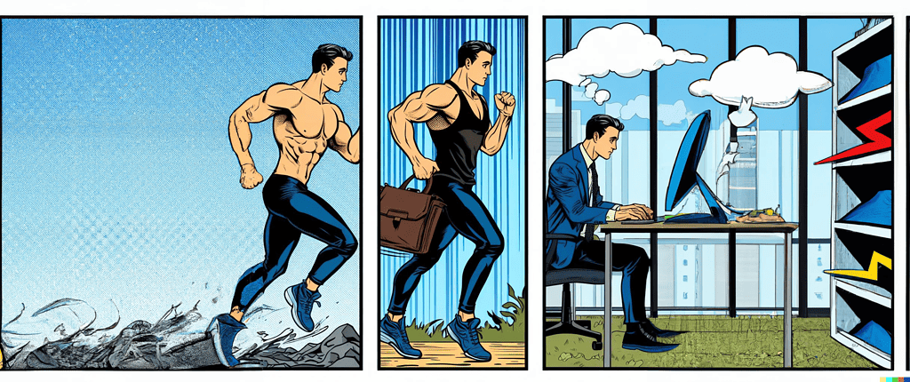 A comic book of three panels depicting someone running slowly transitioning to someone in a corporate office behind a desk working. This is the result of choices made!