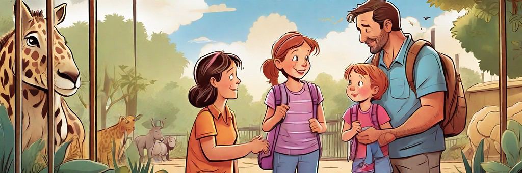 Life is about choices 1 A comic book like drawing of a family at the zoo. Husband and wife with a daughter and son.
