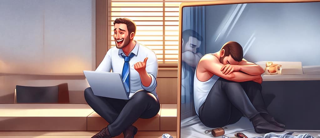 A visualisation of the life you see and the life you don't. A man happy at work on the left, but in a mirror image unhappy at home, because not all choices have a happy ending.