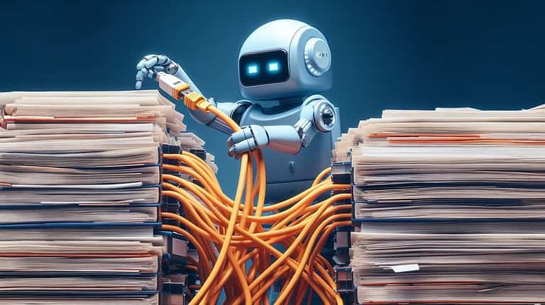 Archive 53 In the image, there is a robot with multiple arms connecting wires between documents in two piles. The robot appears to be precise in its movements as it connects the wires between the documents with ease. The piles of documents are neatly organized and appear to be of equal height. The robot seems to be performing a task that requires a high level of accuracy and efficiency.