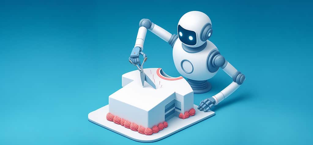A robot slicing a cake shaped like a t-shirt