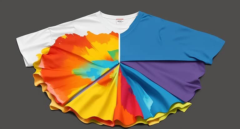 Archive 54 A t-shirt resembling pie slices, each slice of pie represented by a different colour t-shirt.