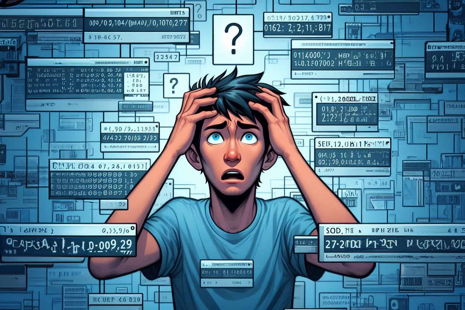 A young developer with a big question mark above their head, surrounded by random times and dates.