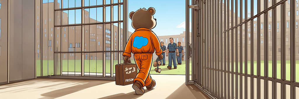 A bear wearing an orange prison jumpsuit with a blue cloud logo on the back, walks into a prison with several guards waiting for it.