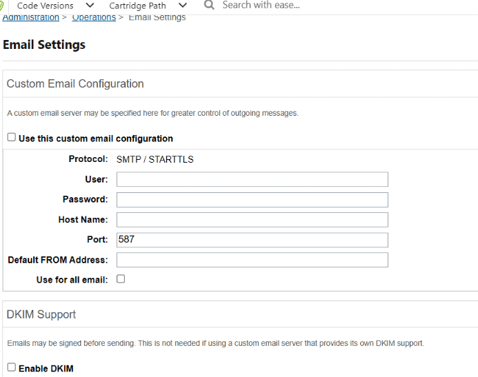 Commerce Cloud 24.1 Release: A New Year Update 5 A screenshot of the Email Settings in the Business Manager showing the new DKIM Checkbox