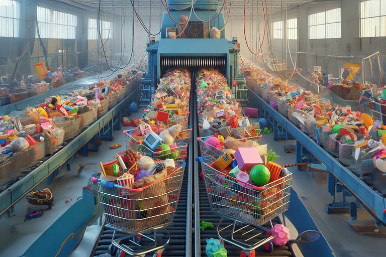 A drawing of shopping carts in a factory, on a treadmill being slowly transported to a shredder representing the new 