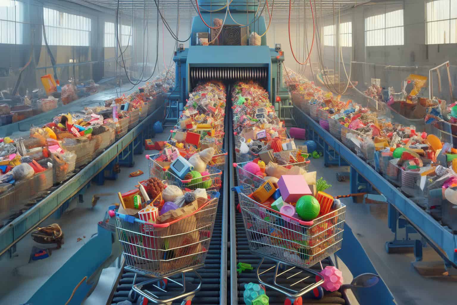 A drawing of shopping carts in a factory, on a treadmill being slowly transported to a shredder representing the new 