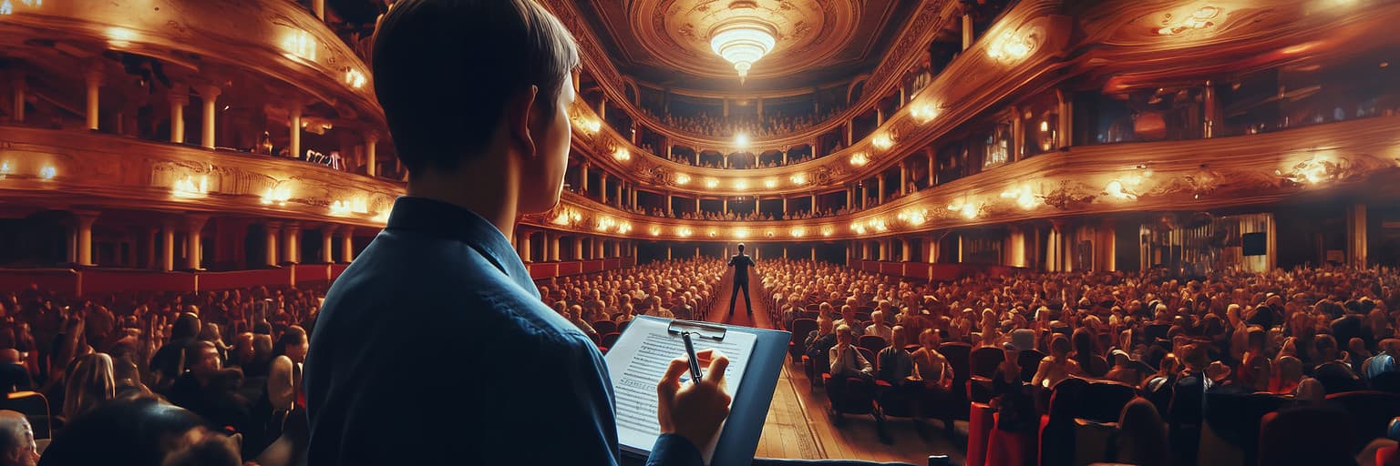 Someone on the stage of an opera house auditing the audience. This represents making account manager secure by doing regular audits.