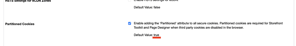 A screenshot showing the Feature switch called 'Partioned Cookies' with the default value of 'true'.