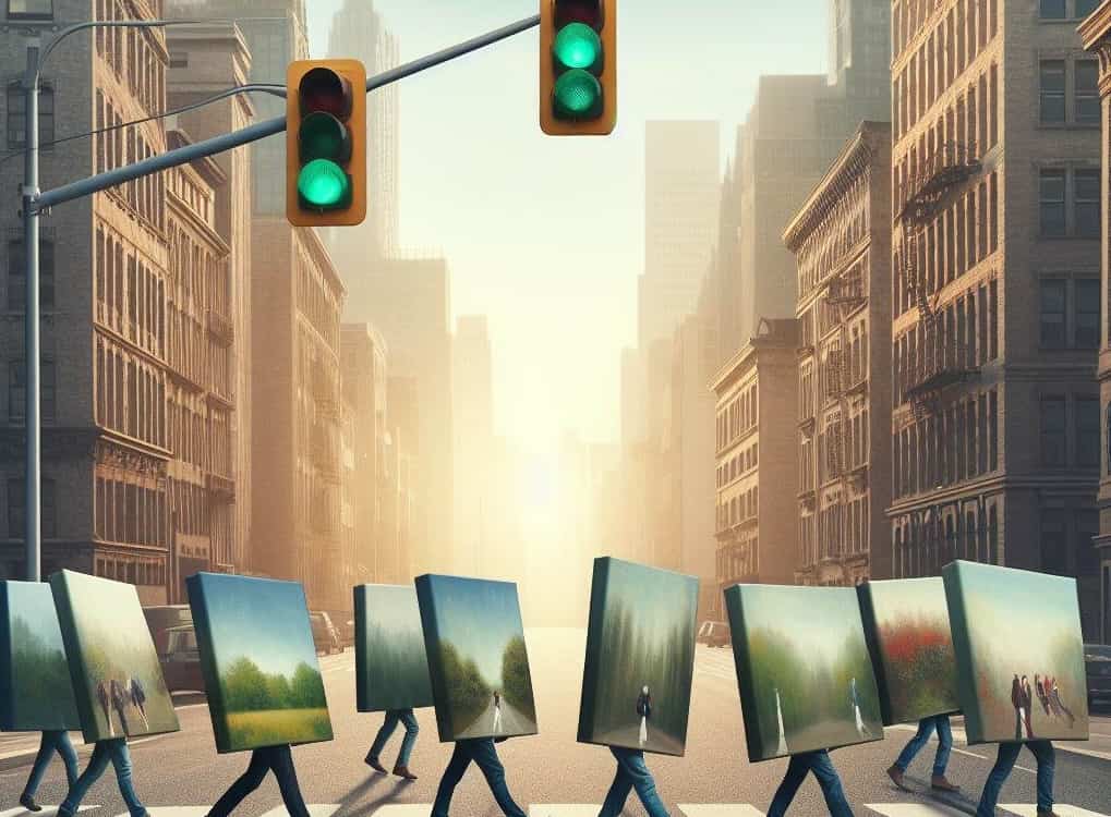 a group of paintings walking on a road