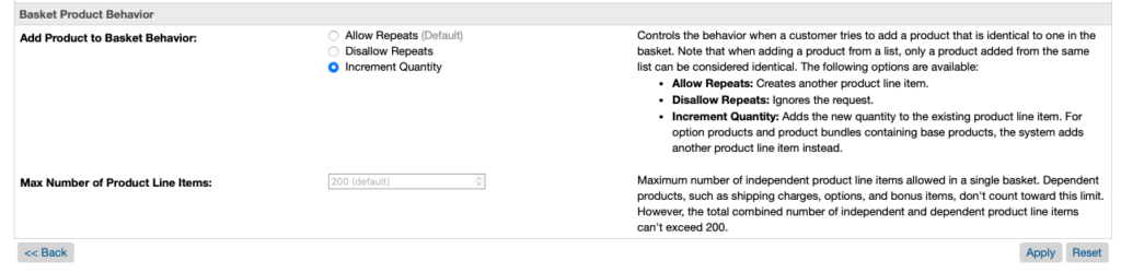 A screenshot of the Business Manager basket preferences is displayed, featuring a new 200 default option for product line items.