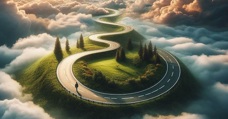 Archive 43 A person is walking along a mountain road amidst clouds.