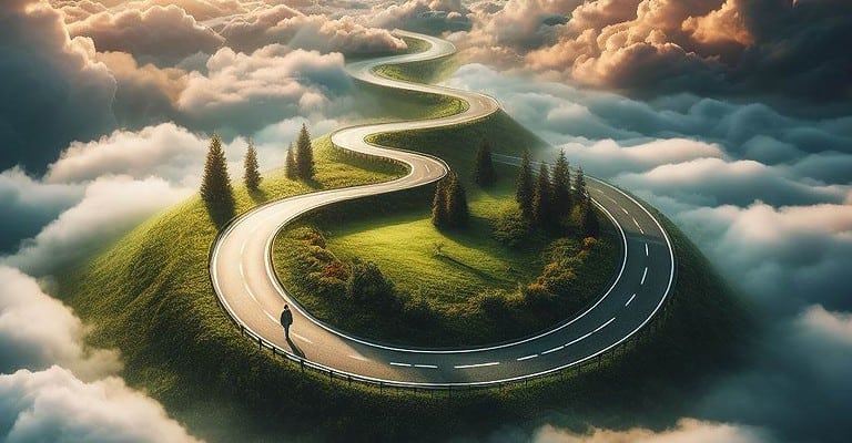 A person is walking along a mountain road amidst clouds.