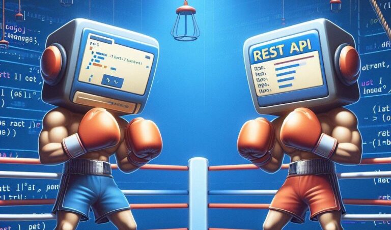 Archive 42 Two men in a boxing ring, with their heads replaced by monitors displaying REST APIs.
