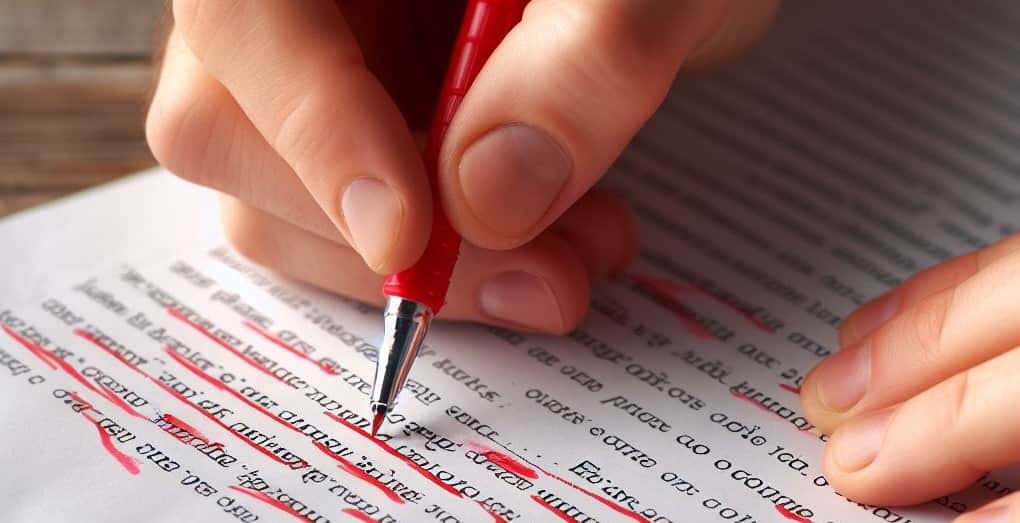 A hand holding a red pen, marking words in red that need correction.