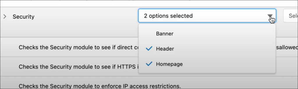 A screenshot of the Business Manager showing all different options on where to show certain notifications: Banner, Header, or Homepage