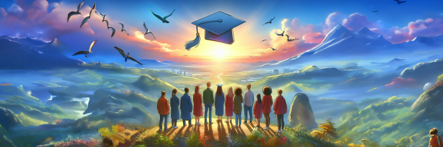 A group of people stands atop a mountain, overlooking a city where a Trailhead Academy cap hovers in the sky.