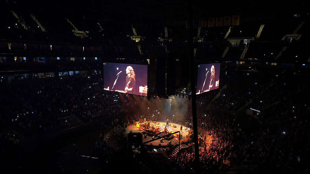 A picture was taken from the very top of the stadium overlooking the concert podium given at Dreamforce in 2023.