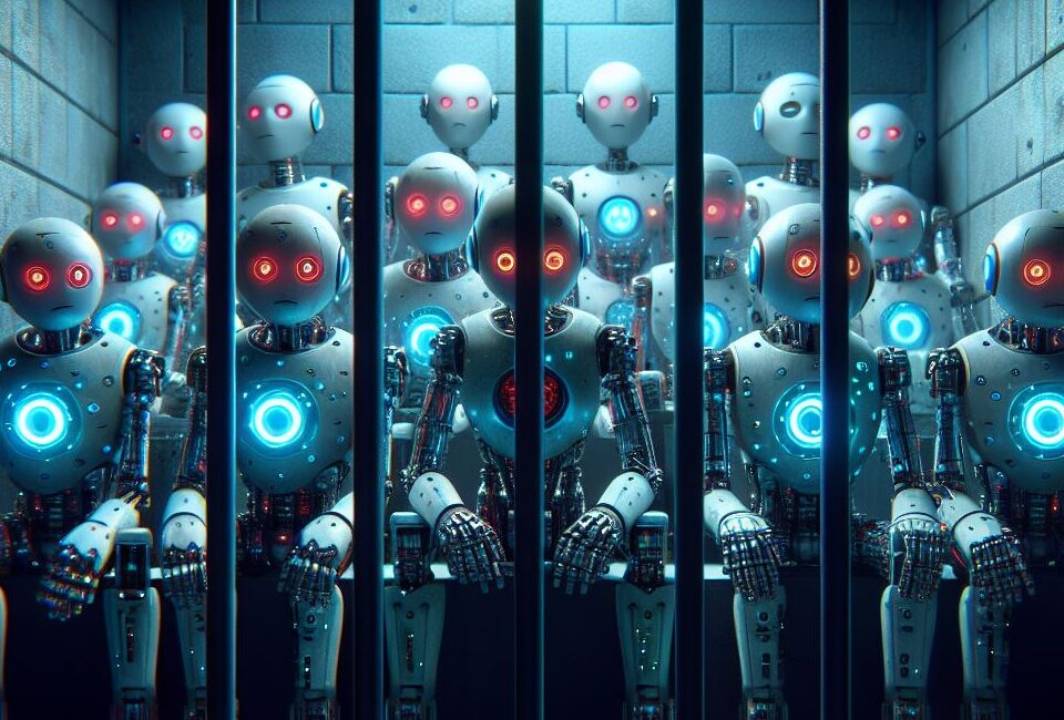 A group of robots locked in a cage behind bars.