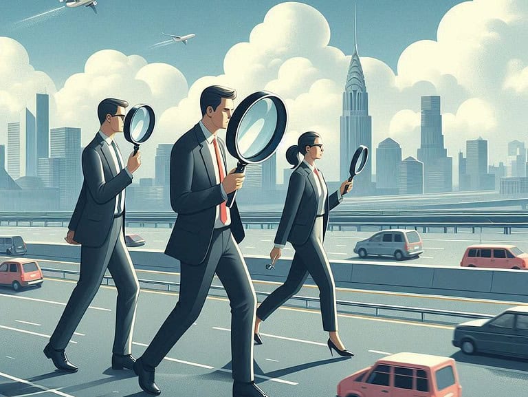 Archive 36 Three people walking on a highway with magnifying glasses, representing the new updates to the Salesforce B2C Commerce Cloud search and SEO options.