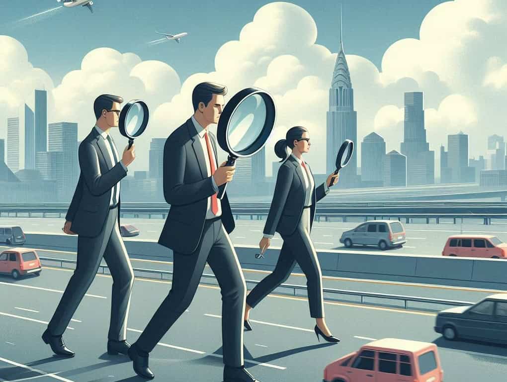 Three people walking on a highway with magnifying glasses, representing the new updates to the Salesforce B2C Commerce Cloud search and SEO options.