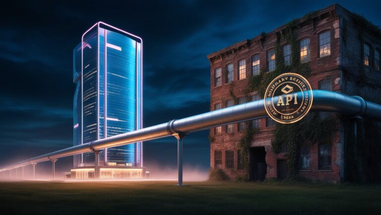 Archive 31 A digital drawing showing a sleek and modern office building connected to an old factory building with a pipeline.