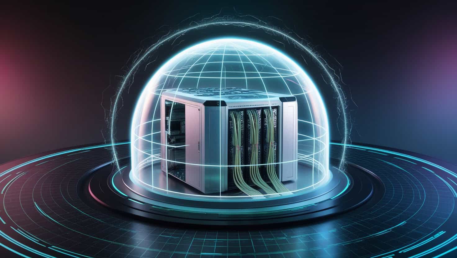 A digital picture of servers being protected by a force field.