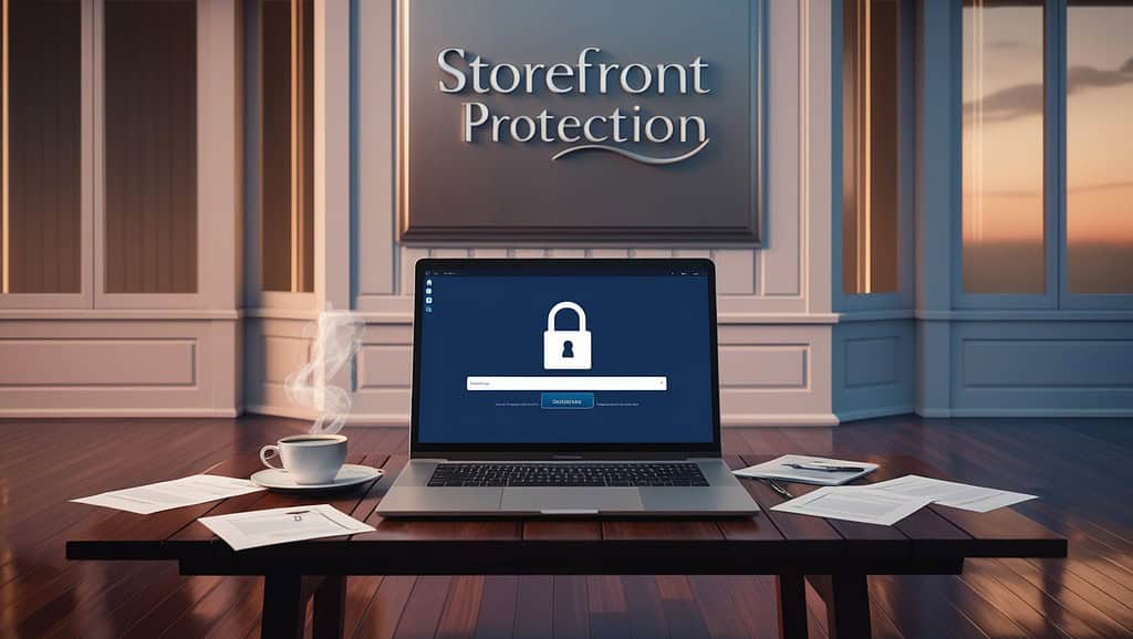 A desk holds a computer secured with a large lock and password field, situated in the offices of "Storefront Protection."