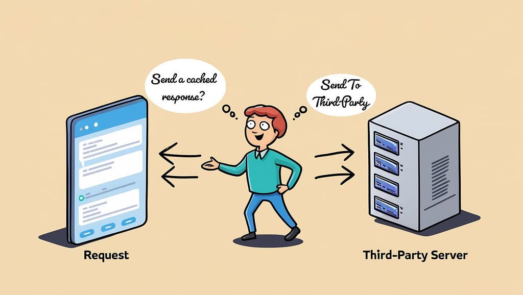 An illustration depicting a browser on the left, a third-party server on the right, and a person directing traffic in between to the cache or the third-party server.