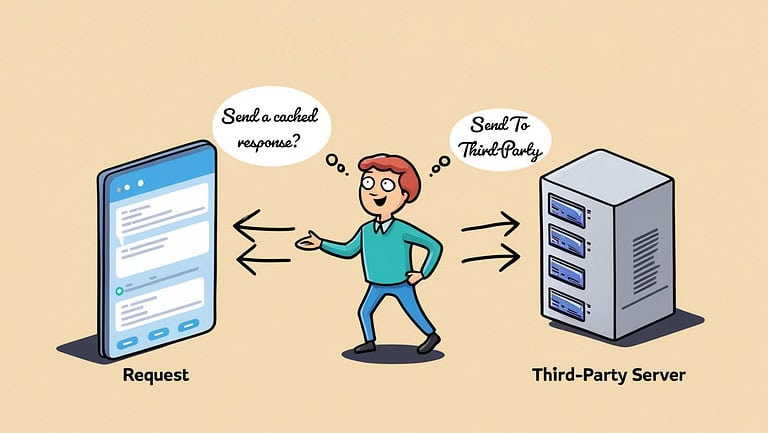 Archive 28 An illustration depicting a browser on the left, a third-party server on the right, and a person directing traffic in between to the cache or the third-party server.