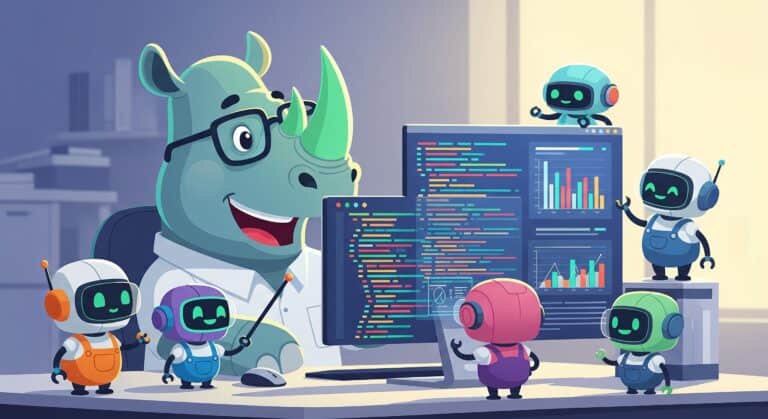 Archive 18 A friendly cartoon rhino developer confidently orchestrates small robot assistants at a computer. The robots help write code and organize data charts on the screen, illustrating an optimistic view of AI augmenting a developer's work